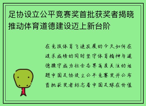 足协设立公平竞赛奖首批获奖者揭晓推动体育道德建设迈上新台阶